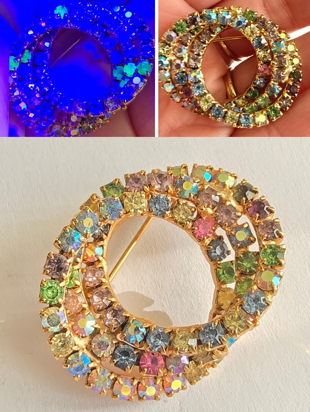 Vintage brooch UV glow rhinestones gold tone pin blacklight sensitive